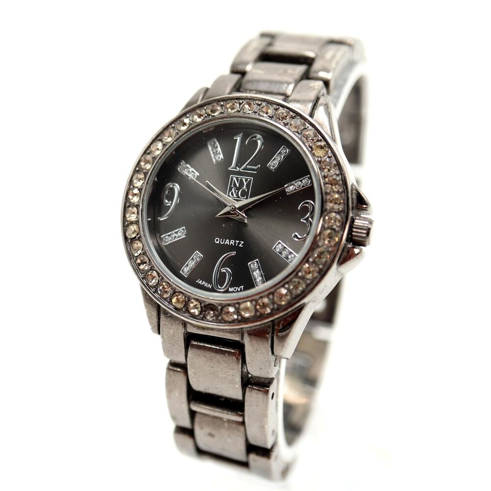 NY&C Black Tone Glitter Gem Set 33mm Womens Watch Metal Bracelet w New Battery